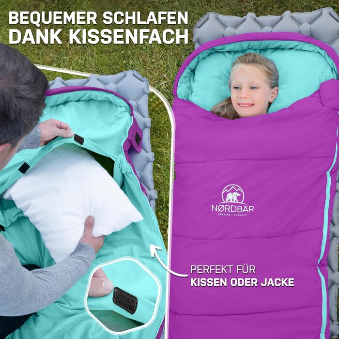 Дитячий спальний мішок для хлопчиків та дівчаток зростом до 145 см Підкладка 100 бавовна Легкий та теплий спальний мішок для мам Дитячий спальний мішок для активного відпочинку 1200 г Дитячі спальні мішки для кемпінгу, фіолетовий/бірюзовий