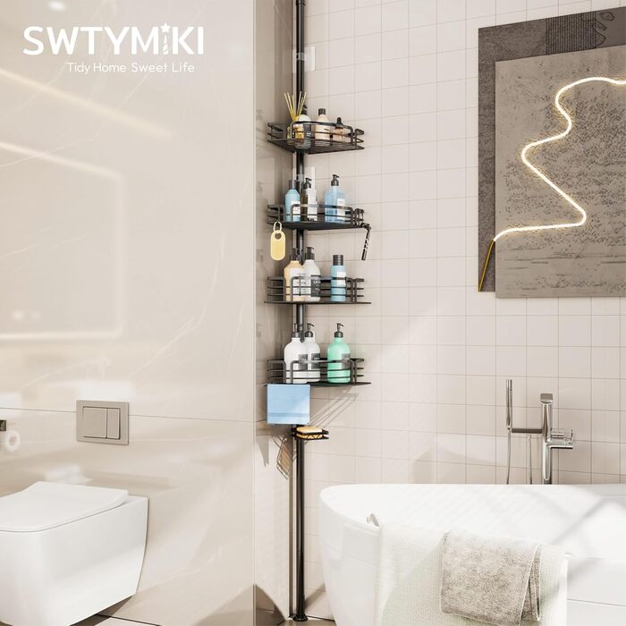 Кутова полиця для душу без свердління, телескопічна, регульована по висоті. Тримач для шампуню з 4 кошиками, нержавіюча сталь (70-267 см, чорний). Чорна 4-кошикова телескопічна полиця.