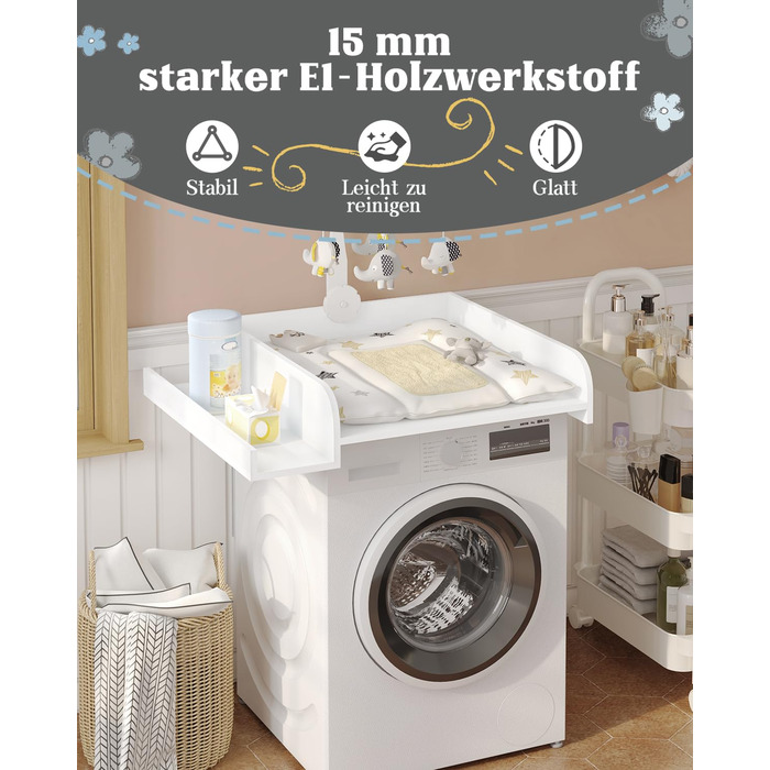 Насадка для пеленального столика WOLTU для пральної та сушильної машин, з бічною полицею та ременем безпеки, біла, 80 x 16,5 x 70 см
