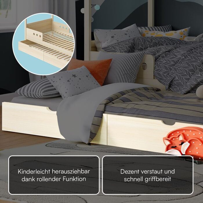 Дитяче ліжко Bellabino Bela 90x200 см Розсувне ліжко-будиночок з поручнями та рейковою основою Дитяче ліжко з гостьовим ліжком для хлопчиків та дівчаток Дерев&39яне ліжко-будиночок Монтессорі з натуральним покриттям та гостьовим ліжком Матрац не входить д