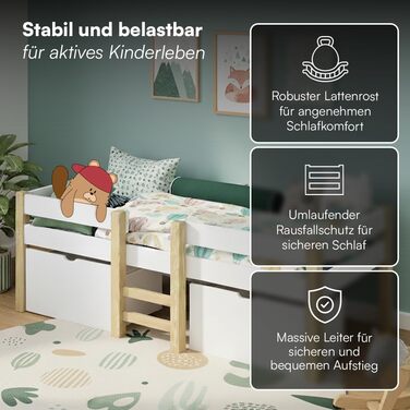 Дитяче ліжко Bellabino Aspy 90x200 см Ліжко-горище з 2 шухлядами, поручнями та рейковою основою Ліжко середнього класу з драбиною з масиву сосни білого/натурального кольору Дитяче ліжко з місцем для зберігання (матрац не входить до комплекту) Біле - з шух
