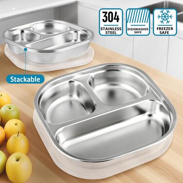Набір з 3 нержавіючих тарілок з розділеннями та кришками, маленькі 3-секційні підноси для їжі, порційний контроль для дієти, шкільних обідів, домашньої їжі, пікніків та походів