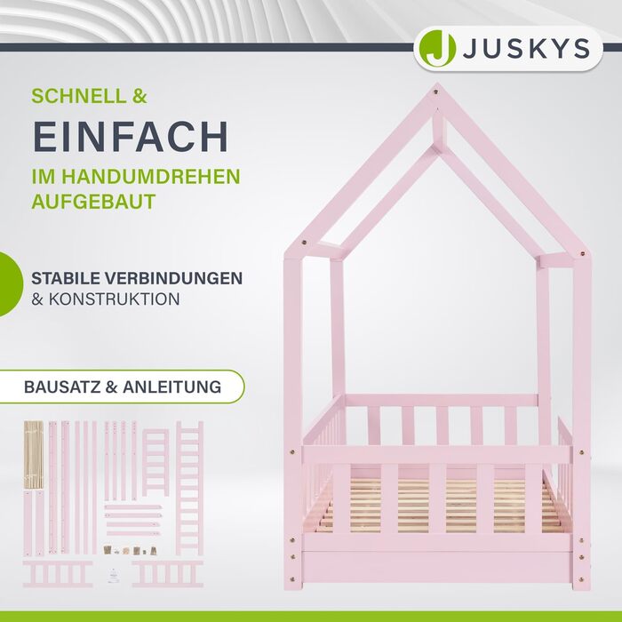Дитяче ліжко Juskys Marli 80 x 160 см із захистом від падіння, рейковою основою та дахом - Ліжко-будиночок з масиву дерева для дітей - Ліжко кольору троянди