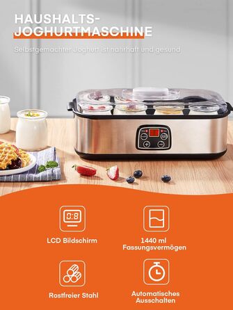 Йогуртниця, грецька йогуртниця на 8 баночок/кришок, дисплей одним дотиком ідеально підходить для органічних, підсолоджених, аромат