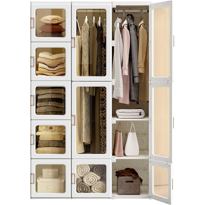 Шафа Dripex, шафа 104 x 170 x 50 см (Ш x В x Г), легке складання, складна багатофункціональна шафа з рейкою для вішалок, магнітні двері, для спальні-вітальні, білий колір, 11 дверей з 2 рейками для вішалок