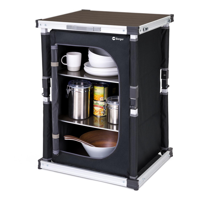 Кухня для кемпінгу BERGER Tampere S Складана шафа для кемпінгу з відділеннями для зберігання та сумкою для перенесення Кухня для кемпінгу на свіжому повітрі, Складана кухонна шафа для кемпінгу з алюмінієвою рамою, Кухонна шафа для кемпінгу (S)
