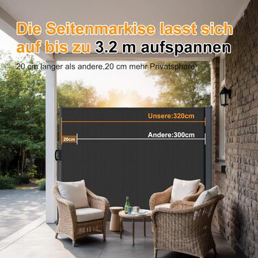 Розсувний бічний тент, 160 x 30020 см Антрацит, Сонячний тент із екраном для приватності, Вітрозахист, Водонепроникний бічний висувний тент, Бічна рулонна штора для балкону, тераси, саду, Ш320 x В160 см Антрацит