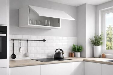 Настінна шафа, глянцевий білий, 90 x 35 x 32 см (Ш x В x Г), настінна шафа для вітальні, навісна настінна шафа, настінна полиця, шафа для документів, верхня шафа, відкривається натисканням, шафа для вітальні, біла, горизонтальна шафа, 90 x 35 x 32 см