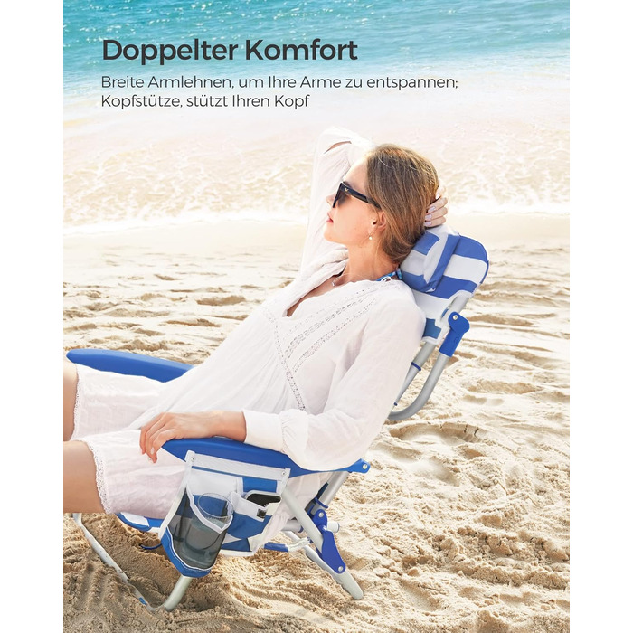 Пляжне крісло SONGMICS, кемпінгове крісло, складне, з плечовим ременем, регульованою спинкою, підголівником, підлокітником, 2 бічними кишенями, синьо-біле GCB62BU синій білий.