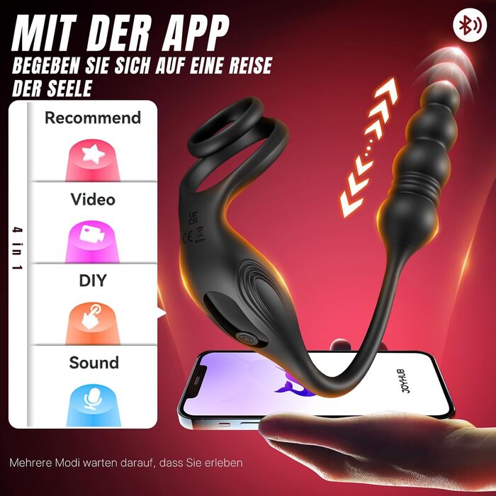 Анальний вібратор Tagnaff, для чоловіків з простатною стимуляцією, 9 режимів поштовхів і вібрації, з ерекційним кільцем, чорний, силікон