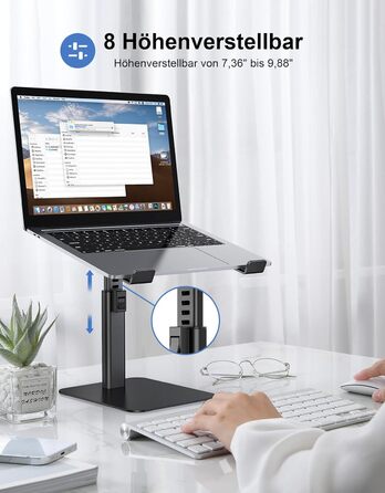 Підставка для ноутбука Babacom, 8 рівнів регулювання, алюмінієва охолоджуюча панель, ергономічна вентильована конструкція, сумісна з MacBook, Air, Pro та всіма ноутбуками 10-16 дюймів - Чорна