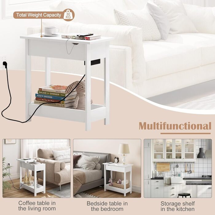 Приставний столик EUGAD, тумбочка з розеткою, столик для дивана, журнальний столик, маленький столик, консольний столик, розкладна стільниця, 3 полиці, для вітальні, спальні, кухні, білий, 0001CHJ
