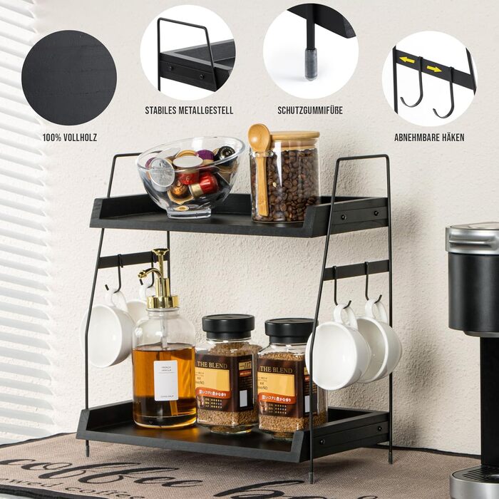 Кухонна полиця PUERSI, 2-рівневий органайзер для кави, дерев&39яний органайзер з гачками, кухонна полиця, підставка для спецій, органайзер для кухонних шаф - чорний
