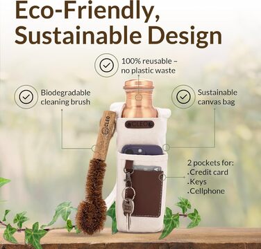 Пляшка для води CLEO HOME (950 мл/32 унції) ручної роботи, кувана, зі 100 аюрведичної міді, зі щіткою для чищення та лляним чохлом Перевірена в лабораторії, герметична пляшка, класична