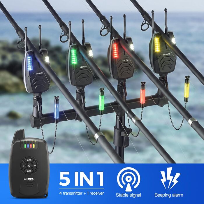 Бездротовий сигналізатор Hirisi Tackle Carp Fishing, 4 сигналізації та 1 приймач, повністю функціональні індикатори клювання, бездротова риболовля SX1-3