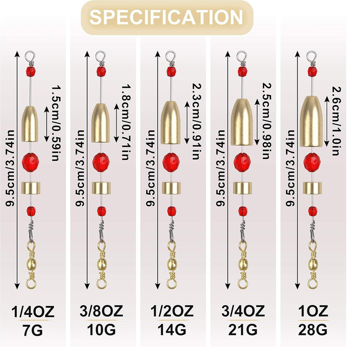 Рибальські оснастки Carolina, 5 шт. , готова оснастка CRR Carolina Ready Rig з латуні, попередньо зібрана, з рибальським вантажем, вертлюгом для лову окуня, для морської та прісної води, розміри 1/4, 3/8, 1/2, 3/4, 28,3 г, золотистого кольору, 3/4 унції -