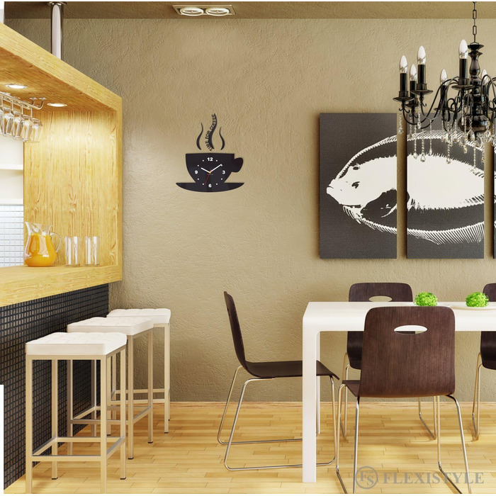 Настінний годинник FLEXISTYLE Tasse Zeit fr Kaffee для сучасної кухні, чорний, 3D римські цифри, декор, 32 x 19 см