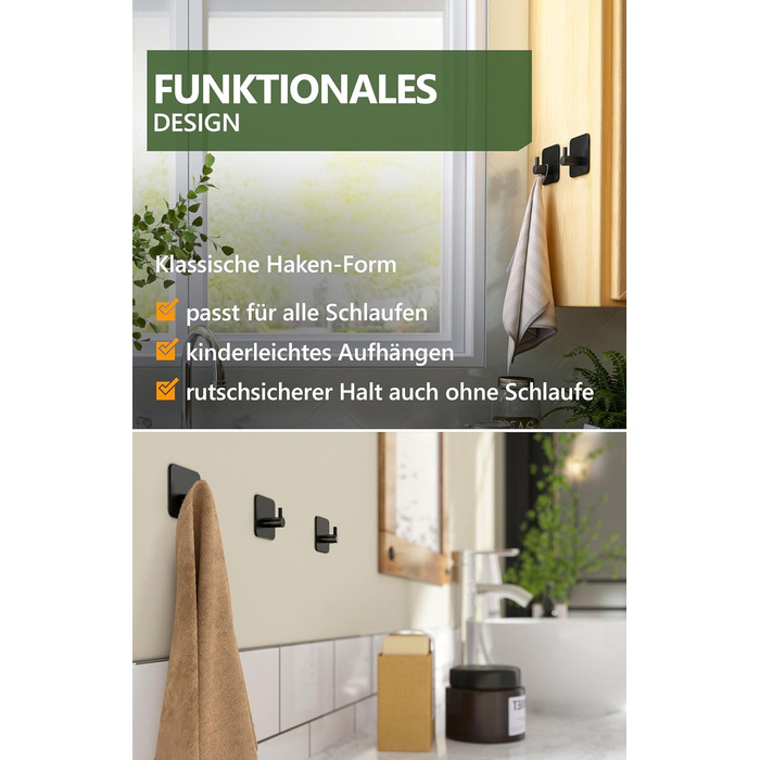 Рушникосушка 4smile без свердління, комплект з 6 шт. - Чорні гачки для рушників у ванній кімнаті як практичні клейкі гачки - Висок