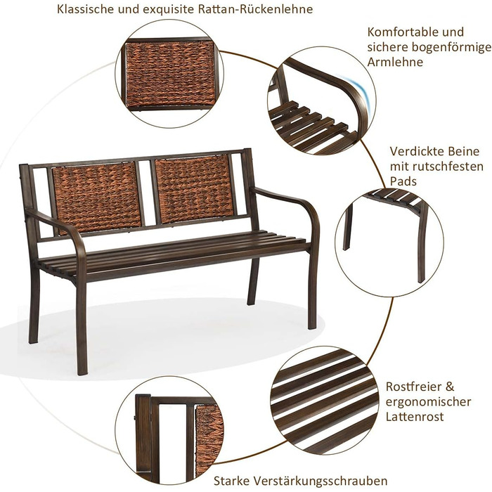 Лавка садова COSTWAY металева, лавка для 2-3 місця до 226 кг з навантаженням, терасна лавка зі спинкою з ротанга та підлокітником, лавка для парку Лавка на балконі Залізна лавка для тераси, балкона, саду, 128 x 58 x 84 см