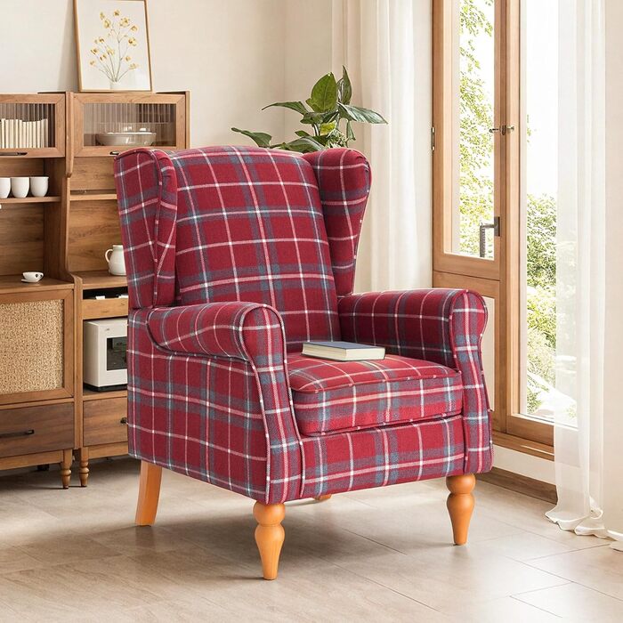 Крісло з відкидною спинкою, вінтажне крісло з дерев&39яними ніжками, м&39яке крісло-реклайнер, крісло для вітальні, спальні, лляне (червоне)