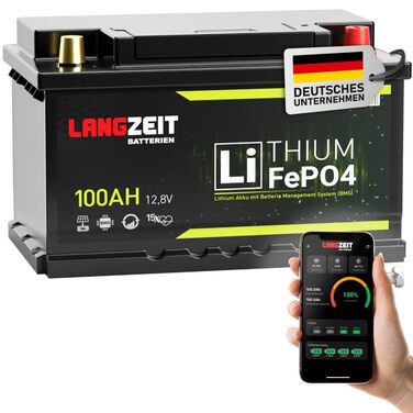 Довговічна літієва батарея LiFePO4 100Ah Bluetooth BMS 12V DIN L3 H6 із сонячною панеллю, підходить для автофургонів, човнів та інших застосувань.