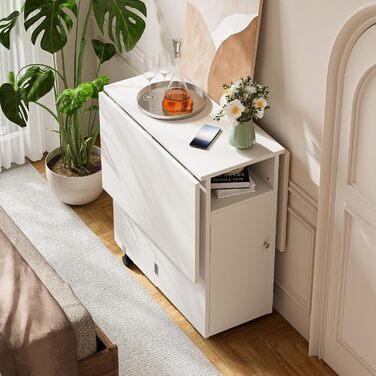 Мобільний розкладний стіл, розкладний обідній стіл на колесах, розкладний стіл з 1 великою шафою та 1 відкритим відділенням, мобільний обідній стіл для невеликих приміщень, їдальня, кухня, 120 x 70 x 78 см, білий, 120x70x78 см, білий