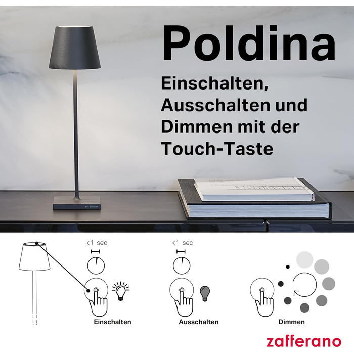 Лампа Zafferano Poldina Pro, бездротова, акумуляторна настільна лампа з сенсорним керуванням, підходить для використання на вулиці, димер, 2200-3000 K, висота 38 см, колір шавлії, лампа шавлії із зарядним пристроєм
