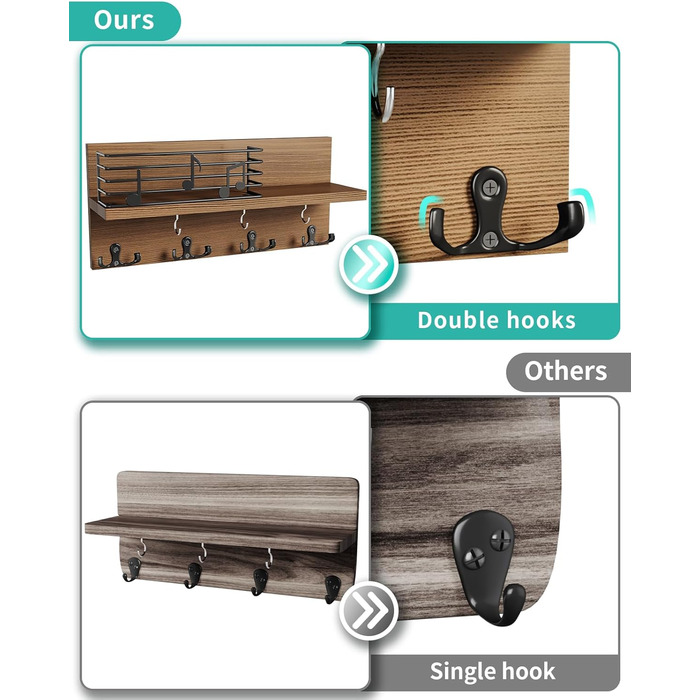 Ключниця HapiRm з декоративною огорожею для нотаток, дошка для ключів з полицею та гачком для ключів, дерев'яна дошка для ключів п