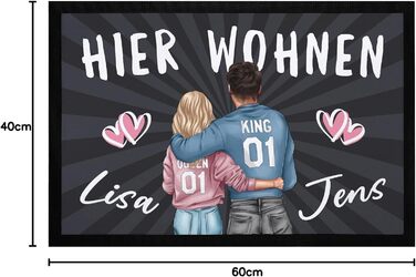 Персоналізований килимок для пар, &quotТут живемо&quot з іменами та серцем, подарунок для пар, партнерів, нековзний та миється, чорний, 60x40 см, килимок для партнера, чорний