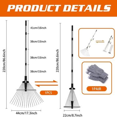Розширений садовий граблі-віяло 22-44 см з регульованою металевою ручкою 2.15 м та рукавичками, граблі для листя, металеві граблі-віяло, граблі для прибирання листя, трави та двору