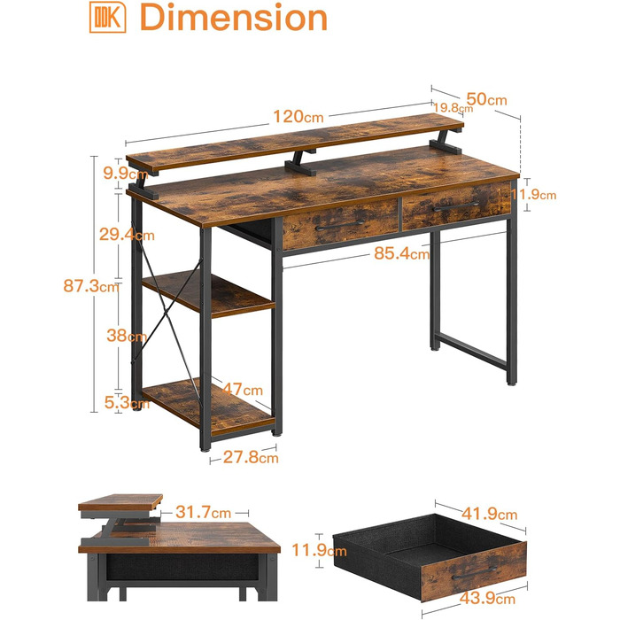 Стіл з 2 шухлядами, комп'ютерний стіл з полицями і підставкою для монітора, офісний стіл з книжковою полицею, комп'ютерний стіл дл