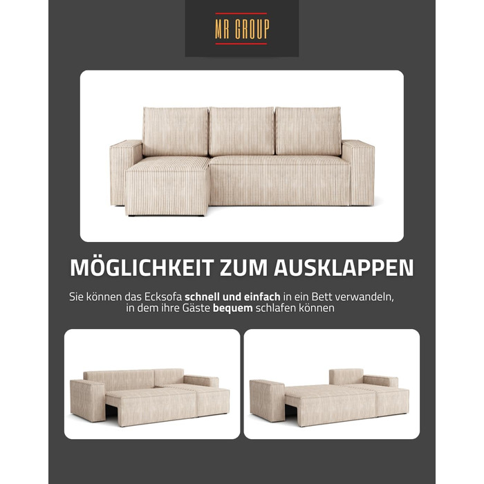 Г-подібний кутовий диван Bergamo, 240x142 см, з функцією сну та відділенням для зберігання речей. Вельветовий диван-ліжко, універсальна сторона, невеликий диван для передпокою, 3-місний кутовий диван-ліжко для вітальні, подушки, бежевий. Zoom 1 - Бежевий.