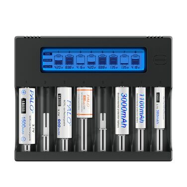 Інтелектуальний зарядний пристрій для акумуляторів 18650 - універсальний зарядний пристрій з 8 відсіками та РК-дисплеєм з функцією розрядки для літій-іонних акумуляторів 3,7 В 18650, 26650, 16340 (RCR123), 21700, 14500, 17500, CR123A та акумуляторних бата