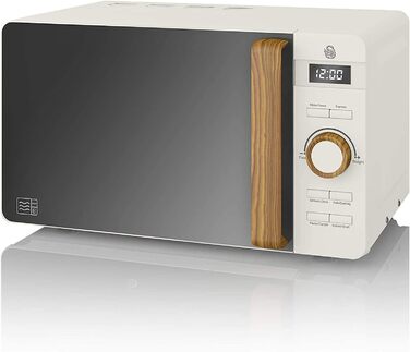 Цифрова мікрохвильова піч Swan Nordic 20 л, 6 рівнів потужності, потужність 800 Вт, таймер на 30 хвилин, легке очищення, режим розморожування, сучасний дизайн, ручка під дерево, матовий білий одинарний