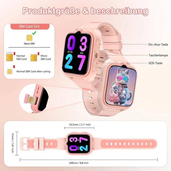 Розумний годинник IOWODO для дітей, годинник з функціями 4G та екстреним викликом SOS, LBSWiFiGPS-трекер, батарея 800 мАг 5 днів роботи, водонепроникність IP67, шкільний режим та навчальні ігри, дитячий годинник для хлопчиків та дівчаток, 4G - рожевий