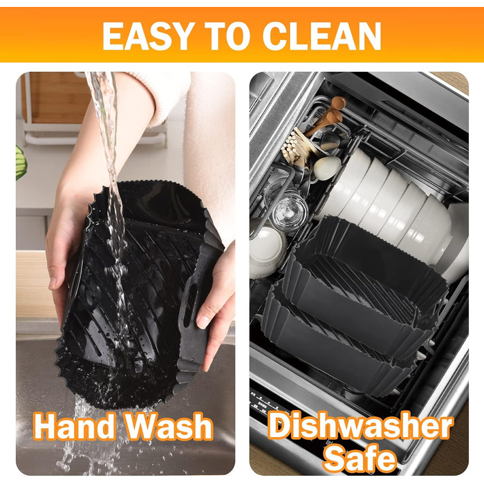 Силіконовий піддон для фритюрниці, аксесуари для фритюрниці, квадратний піддон для фритюрниці, багаторазовий кошик/лоток для фритюрниці Cosori 4.7 л - 5.5 л, башта, фритюрниця або духовка Tefal (2 шт. и/чорний)