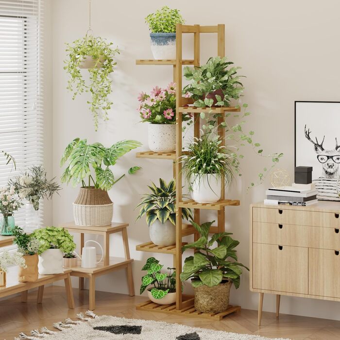 Підставка для рослин Bamworld, підставка для квітів, бамбукова полиця для рослин, кімнатна полиця для квітів, невелика металева підставка для квітів для тераси, саду, балкона, вітальні, спальні (6 ярусів), бамбук, 6 ярусів