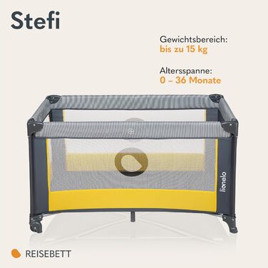 Дитяче ліжечко Lionelo Stefi, Дорожнє ліжечко від народження до 15 кг, Бічний вхід, Система безпеки LockGuard, Блокування коліс, Сумка для перенесення, Складане, Жовте
