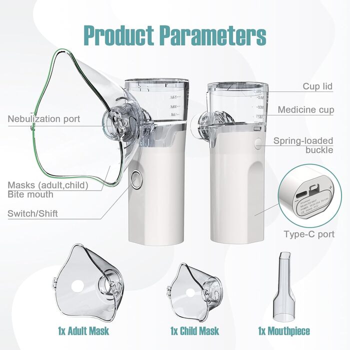 Інгалятор YSWOVUO, інгалятор для дорослих і дітей, небулайзерний інгалятор USB C, супер тихий інгалятор, з 2 масками і 1 мундштуком, портативний, для подорожей і вдома