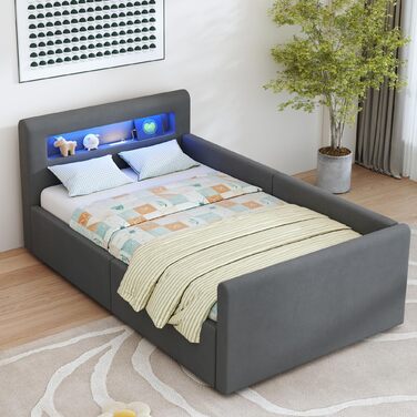 Дитяче ліжко okwish з м&39якою поверхнею, 90x200 см, дитяче ліжко з гідравлічним відділенням для зберігання, світлодіодним нічником та USB-портом, оксамитова тканина, темно-сірий колір, без матраца, темно-сірий 90 x 200 см