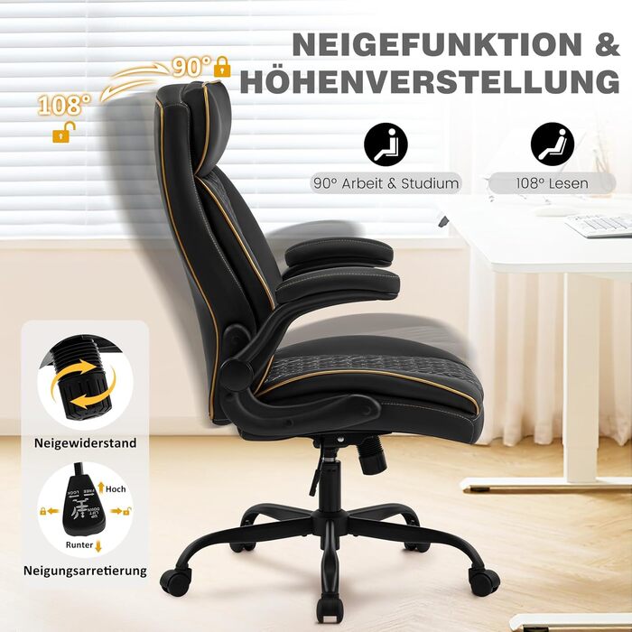 Офісне крісло для керівника Hellove, вантажопідйомність 185 кг, ергономічне робоче крісло зі штучної шкіри з регульованою спинкою та складними підлокітниками, обертове крісло з підголівником, комп&39ютерне крісло, крісло для домашнього офісу, чорне