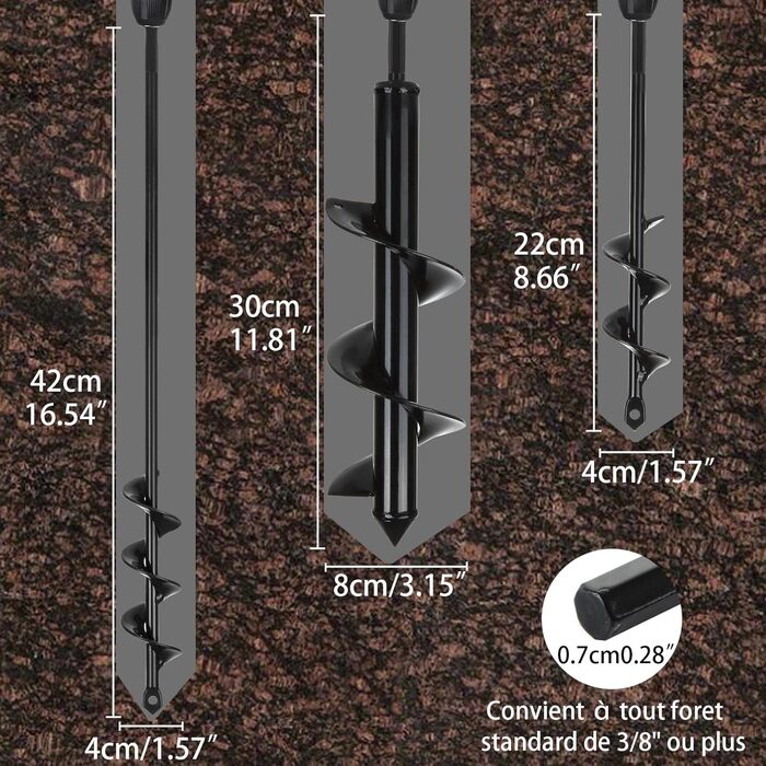 Набір садових бурів для акумуляторного шуруповерта (3 шт.) 4x42 см, 8x30 см, 4x20 см садові рукавички