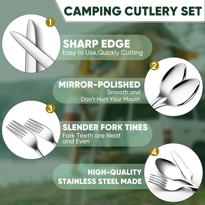 Набір столових приборів для кемпінгу TAN REN для 4 осіб, 24-предметний набір посуду для кемпінгу з нержавіючої сталі, набір столових приборів для пікніка, столові прибори для подорожей на свіжому повітрі з нержавіючої сталі з ножем, виделкою, ложкою для п