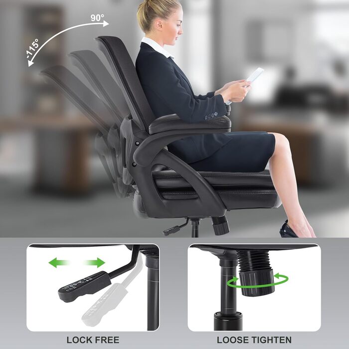 Офісний стілець, стілець для столу, обертовий стілець із сітчастою оббивкою, ергономічний, поперекова підтримка, сидіння 72 см, складні підлокітники, для офісу, домашнього офісу, кабінету, чорний