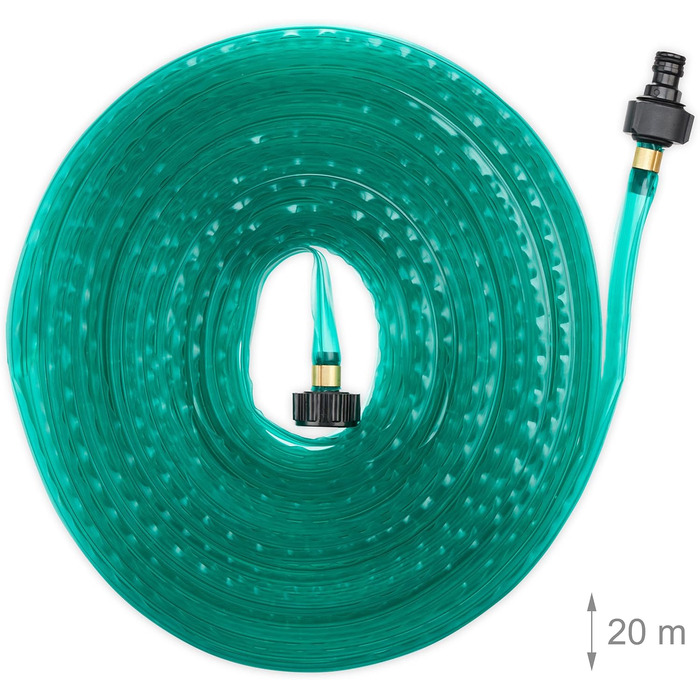 Шланг для поливу Relaxdays, 20 м, для грядок та живоплотів, плоский, готовий до підключення, з розпилювачем, зелений