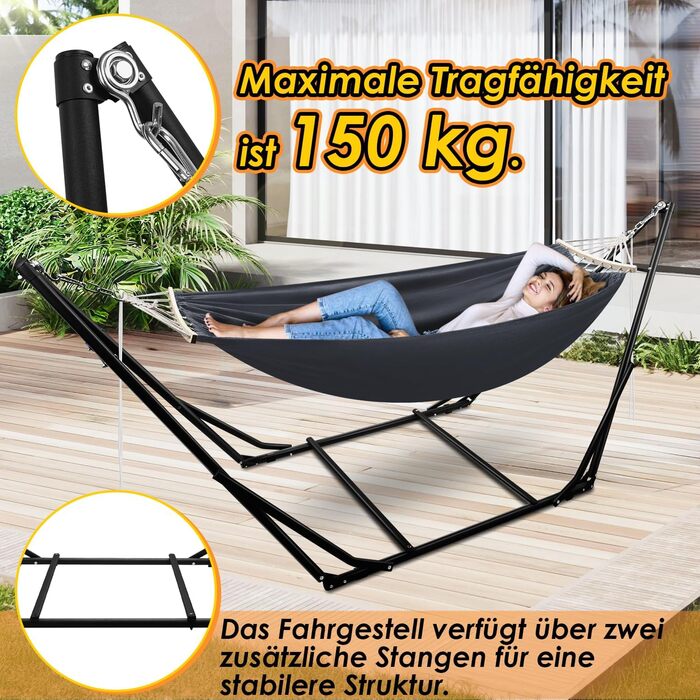 Гамак з каркасом, складна підставка для садового гамака, гамак з металевим каркасом, вуличний гамак з сумкою для перенесення, металевий каркас до 150 кг для кемпінгу, саду, басейну, балкону