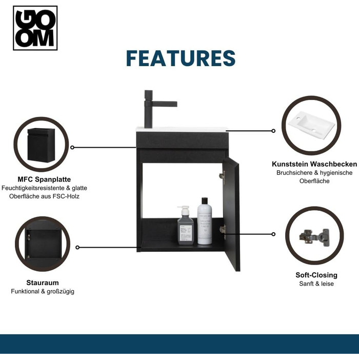 Набір гостьового туалету GOOM 40 см Меблі для ванної кімнати Попередньо зібраний невеликий умивальник з нижньою тумбою (умивальник, чорний)
