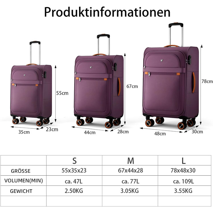 Ручна валіза Trier Soft Shell 55 35 23 см, легка тканинна валіза на візках, дорожня валіза з колесами та кодовим замком, 47 літрів, червона, розмір S