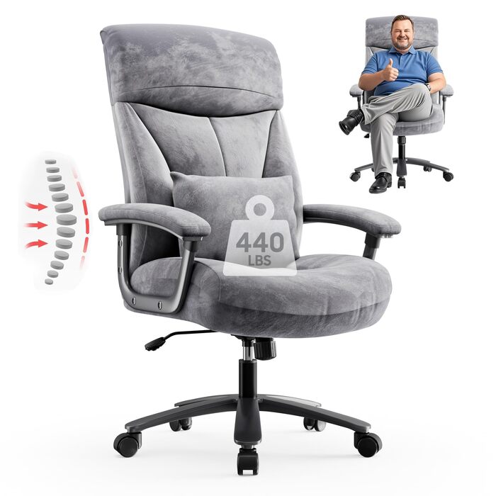 Ергономічне офісне крісло, вантажопідйомність 200 кг, крісло керівника, письмове крісло, м&39яке та зручне широке сидіння XXL, потовщена підкладка, регульована висота, з поперековою опорою, для високих людей, вельветова тканина, сіра вельветова тканина