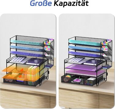 Рівневий настільний органайзер металевий лоток для листів з 4 плоскими та 3 кутовими лотками, тримач для паперу та документів зі знімним тримачем для ручок, компактний офісний органайзер, чорний, 7-